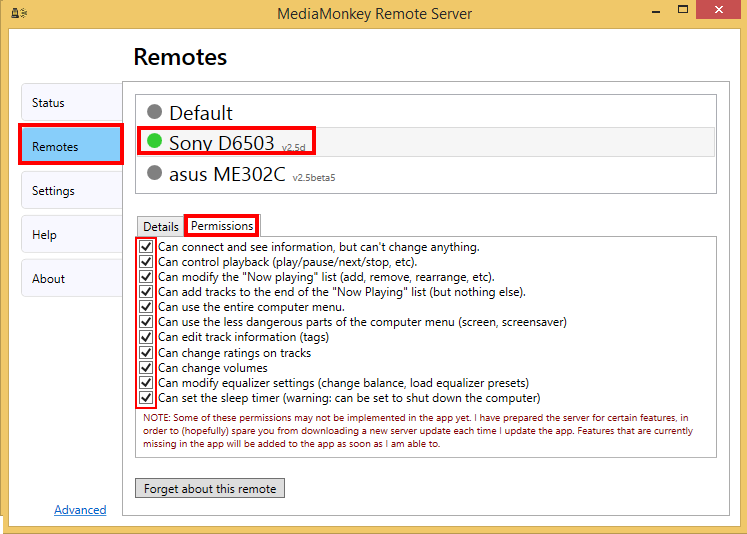 The remote permissions.
